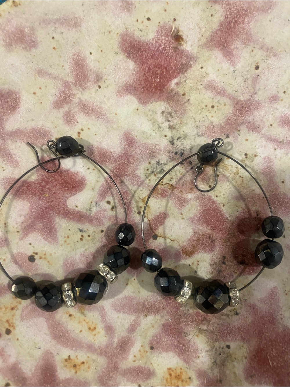 Faceted Hematite Bead Hoop Earrings with Rhinestone Accents